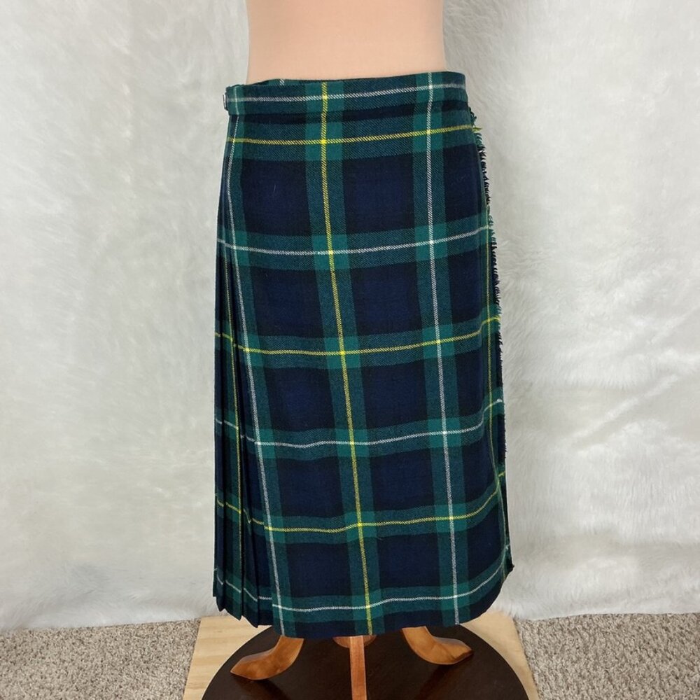 Vintage 80s Green Blue Tartan Plaid Pleated Wool Midi Wrap Skirt Vintage Size 18
